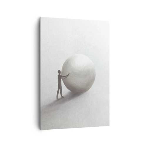 Obraz na płótnie - Minimalistyczna postać z kulą na jasnym, monochromatycznym tle - 70x100cm - Gra życia - Nowoczesna dekoracja ścienna do salonu i sypialni ARTTOR