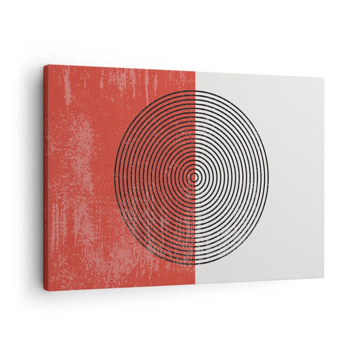 Obraz na płótnie - Geometryczny wzór z koncentrycznymi kołami na czerwono-białym tle - 70x50cm - W samo sedno - Nowoczesna dekoracja ścienna do salonu i sypialni ARTTOR