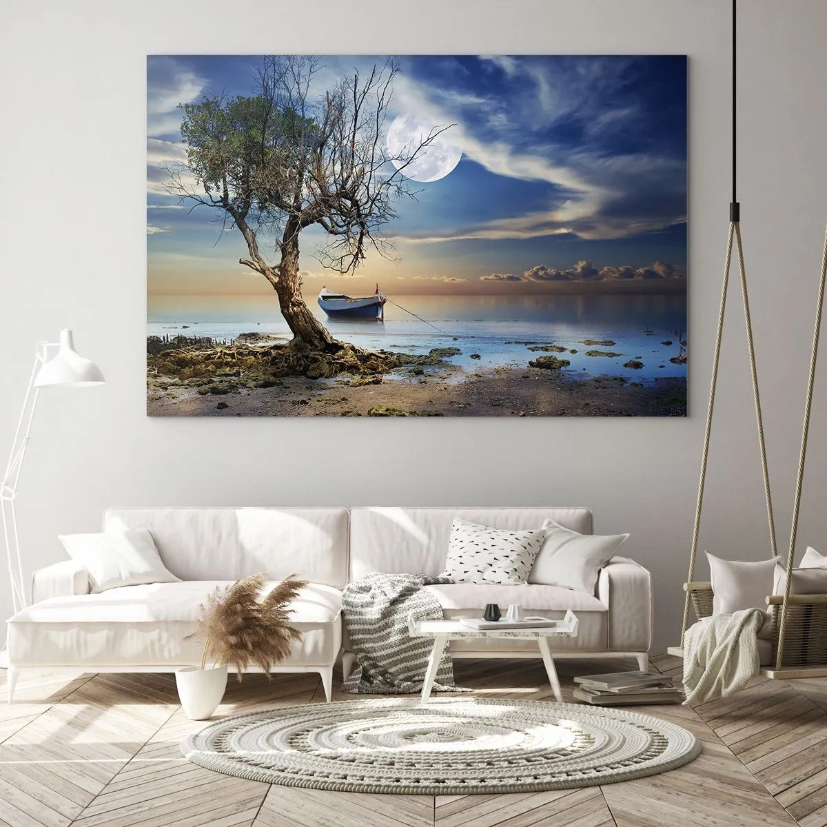 Obraz na szkle - Samotna łódź przy drzewie na tle księżyca - 70x50cm - To koniec czy początek? - Nowoczesna dekoracja ścienna do salonu i sypialni ARTTOR