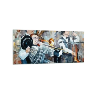 Obraz na szkle - Muzycy jazzowi w stylu malarskim podczas koncertu - 120x50cm - Cały ten jazz - Nowoczesna dekoracja ścienna do salonu i sypialni ARTTOR