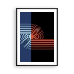 Plakat w czarnej ramie - Geometryczna kompozycja z liniami w kolorach granatu i pomarańczu - 50x70cm - W geometrycznym uścisku - Nowoczesna dekoracja ścienna do salonu i sypialni ARTTOR
