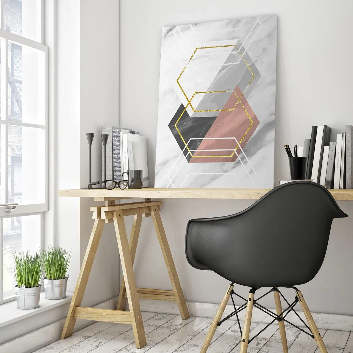 Obraz na szkle - Złote geometryczne kształty na marmurowym tle - 50x70cm - Kompozycja łańcuchowa - Nowoczesna dekoracja ścienna do salonu, kuchni i sypialni ARTTOR