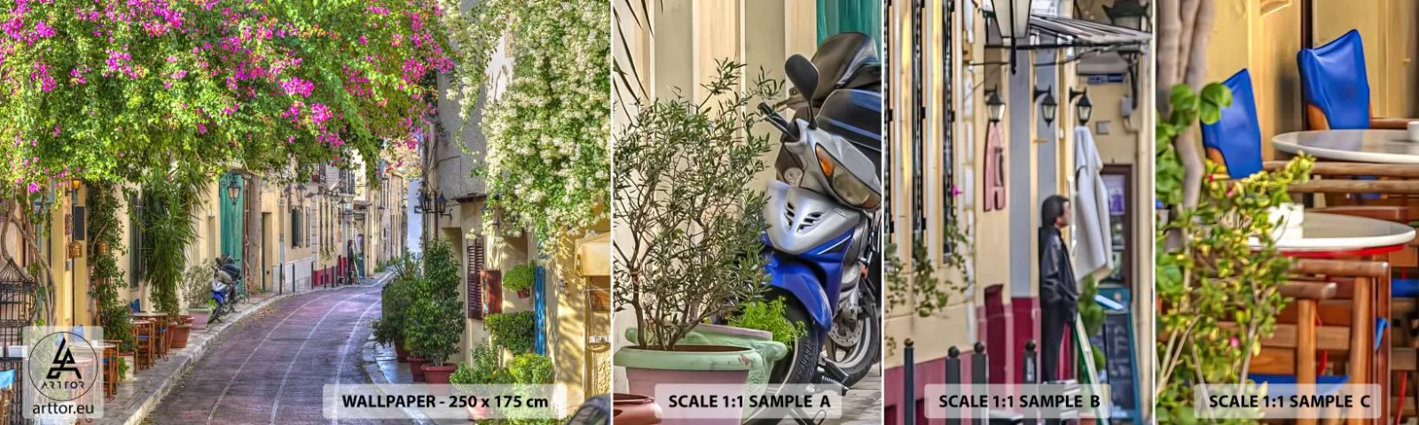 Fototapeta Próbka Standard Eco - Kwitnący zaułek - Architektura, Grecja, Miasto - 100x30 cm