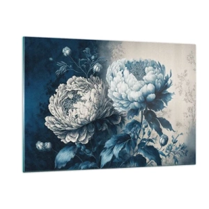 Obraz na szkle - Dwukolorowe piwonie w odcieniach błękitu i beżu na tle vintage - 120x80cm - Dobrana para - Nowoczesna dekoracja ścienna do salonu, kuchni i sypialni ARTTOR