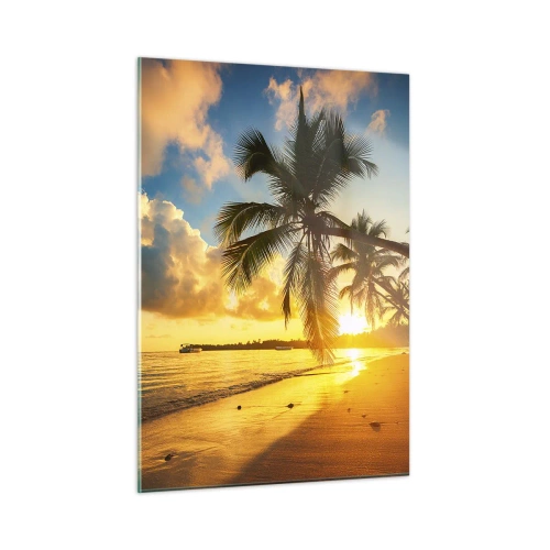 Obraz na szkle - Tropikalna plaża z palmami o zachodzie słońca - 50x70cm - Karaibskie marzenie - Nowoczesna dekoracja ścienna do salonu, kuchni i sypialni ARTTOR