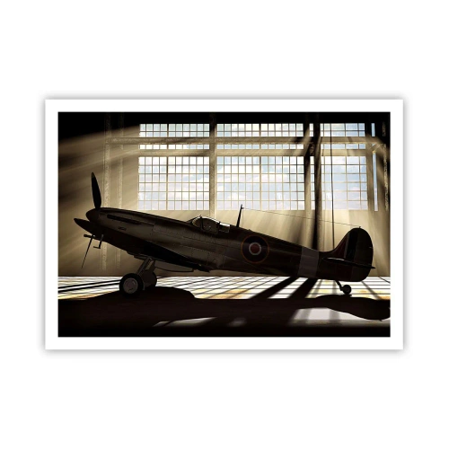 Plakat - Historyczny samolot w hangarze oświetlonym promieniami słońca - 100x70cm - Odpoczynek wojownika - Nowoczesna dekoracja ścienna do salonu i sypialni ARTTOR