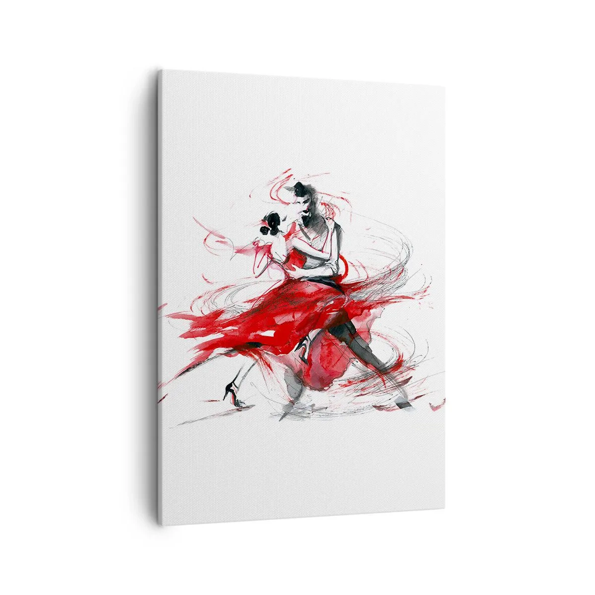 Obraz na płótnie - Akwarelowy obraz pary tańczącej tango w dynamicznej czerwonej sukni - 50x70cm - Tango - rytm namiętności - Nowoczesna dekoracja ścienna do salonu, kuchni i sypialni ARTTOR