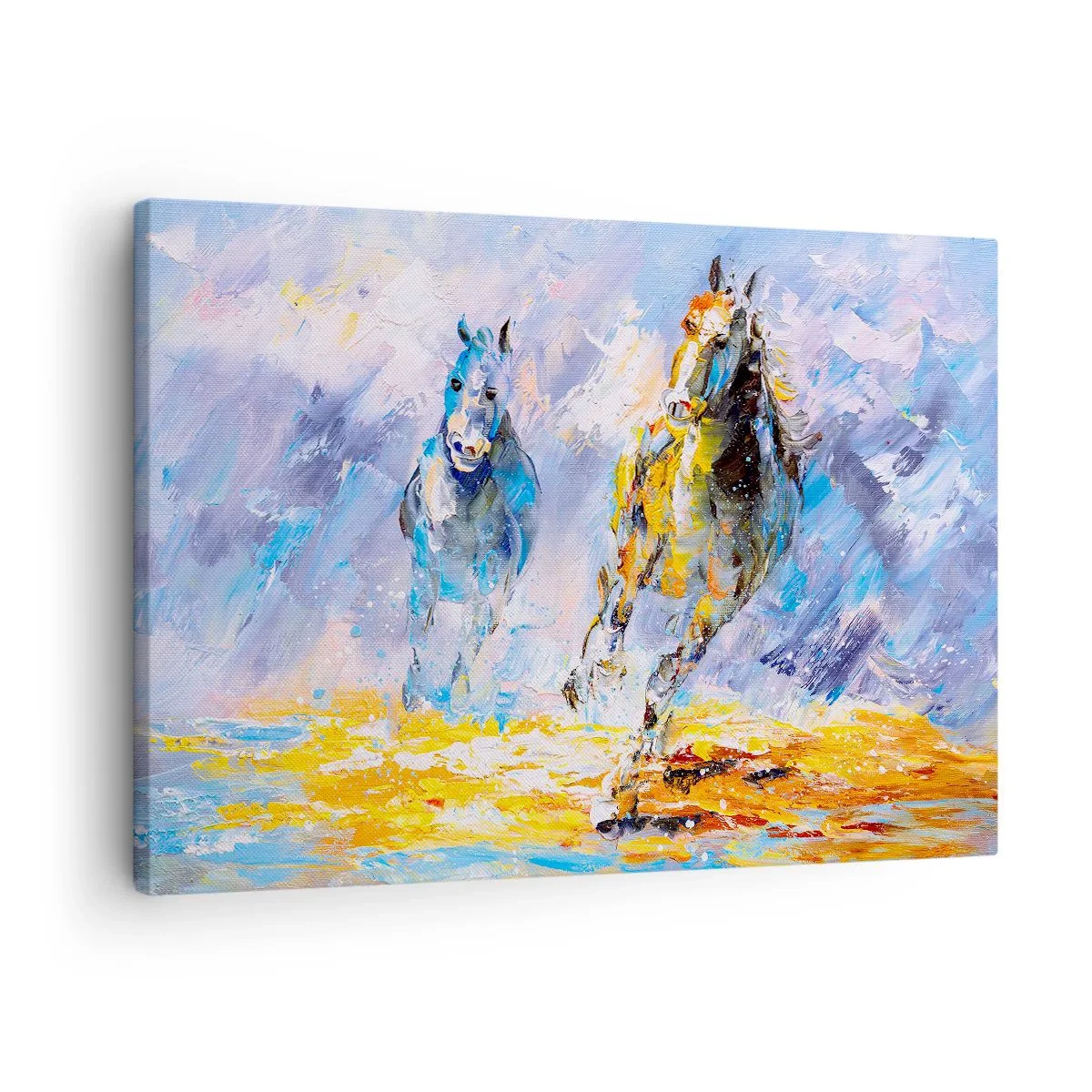 Obraz na płótnie - Dwa konie w ruchu na tle abstrakcyjnego pejzażu - 70x50cm - Galopem przez blask - Nowoczesna dekoracja ścienna do salonu i sypialni ARTTOR