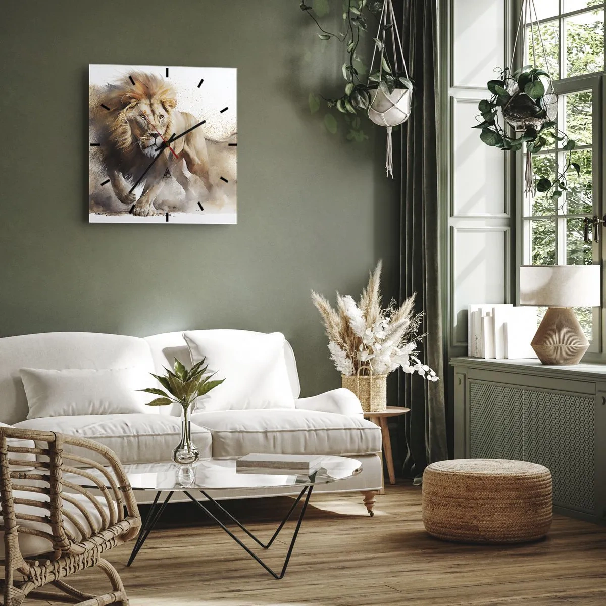Zegar ścienny - Dynamiczny portret lwa w naturalnych barwach - 30x30cm - Król ruszył - Nowoczesna dekoracja ścienna do salonu i sypialni ARTTOR