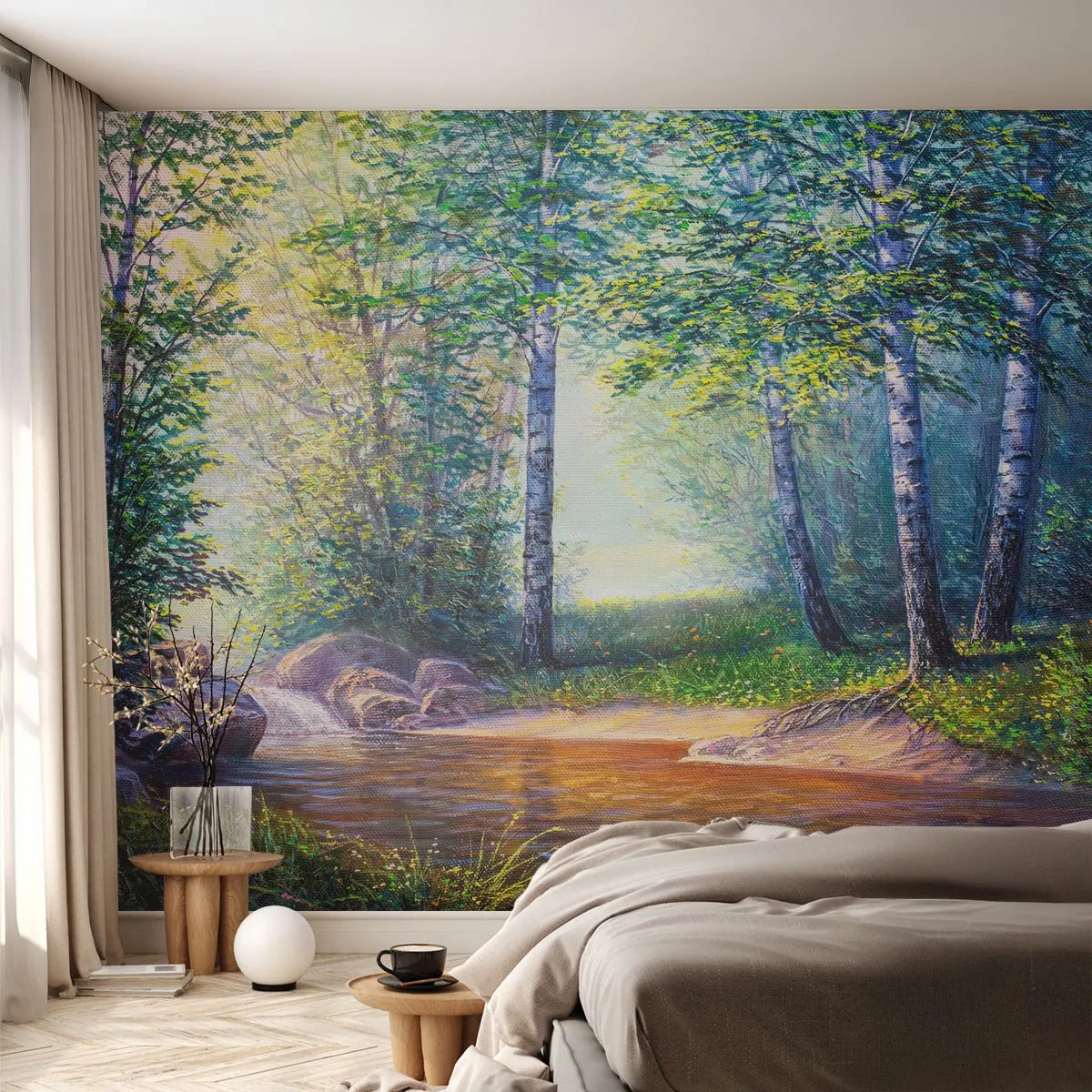 Fototapeta Premium Sand - Malowniczy leśny krajobraz z rzeką i brzozami - 100x70cm - Sielankowa sceneria - Nowoczesna dekoracja ścienna do salonu, kuchni i sypialni ARTTOR