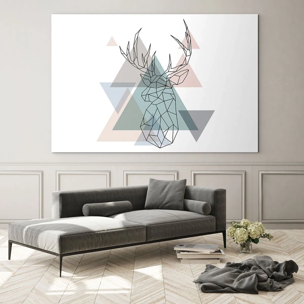 Obraz na szkle - Geometryczny rysunek jelenia na tle pastelowych trójkątów - 70x50cm - W geometrycznym lesie - Nowoczesna dekoracja ścienna do salonu i sypialni ARTTOR