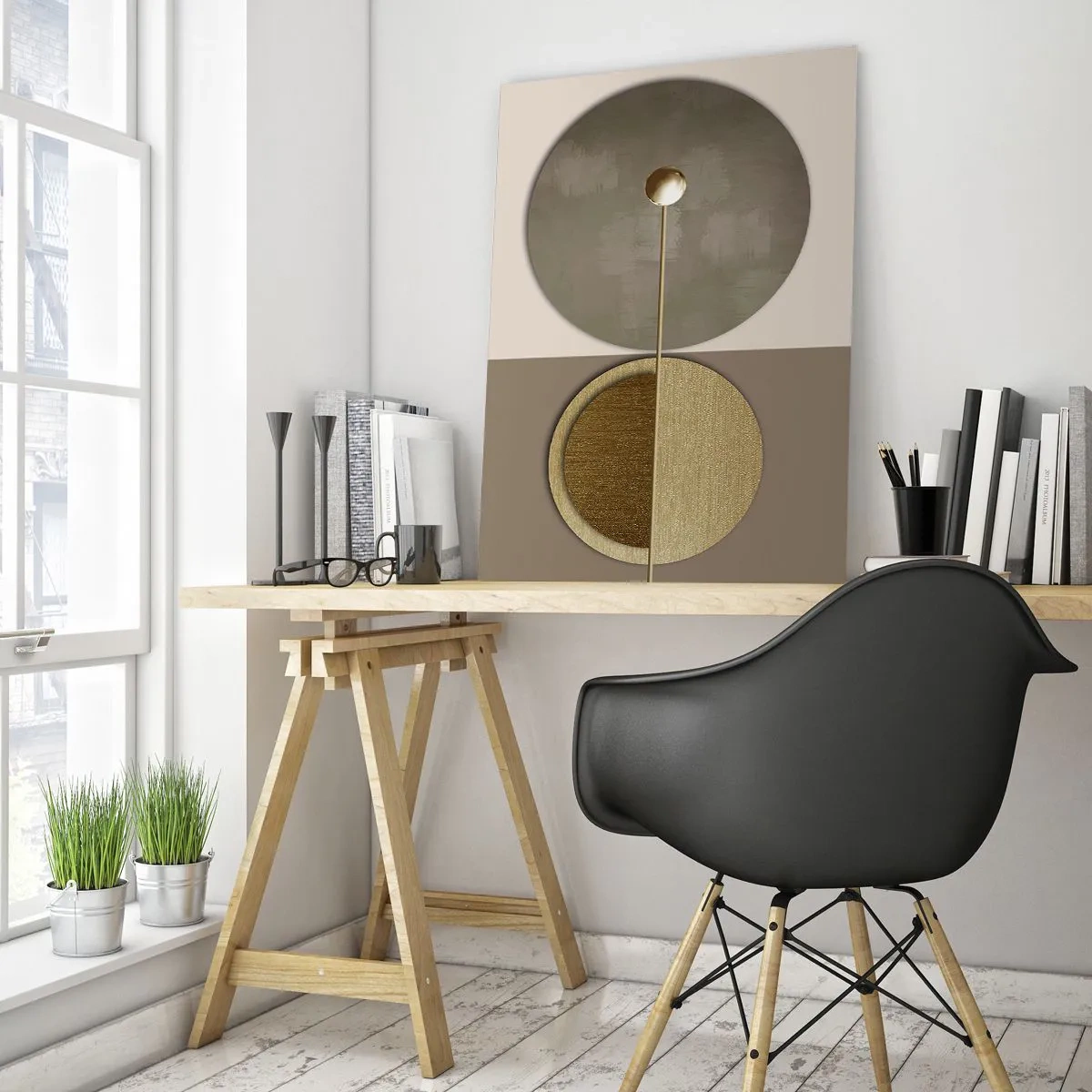 Obraz na szkle - Złote koła i linia w harmonijnej kompozycji - 50x70cm - Doskonała równowaga - Nowoczesna dekoracja ścienna do salonu, kuchni i sypialni ARTTOR