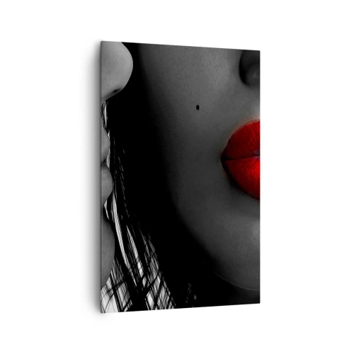 Obraz na płótnie - Zbliżenie na twarze kobiety i mężczyzny z czerwonymi ustami. - 80x120cm - Twarz przy twarzy  - Nowoczesna dekoracja ścienna do salonu i sypialni ARTTOR