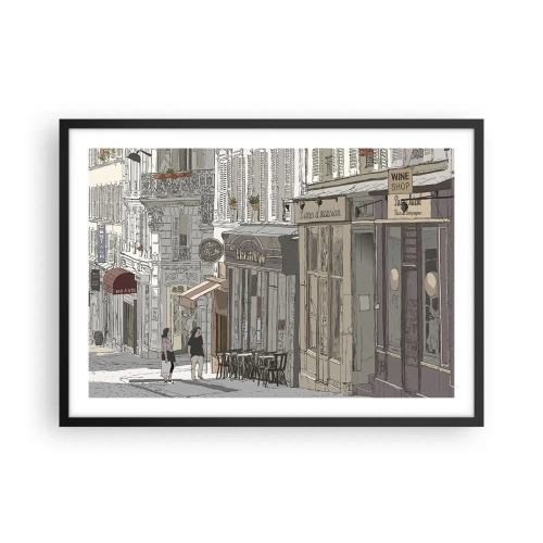 Plakat w czarnej ramie - Ilustracja ulicy miejskiej z kawiarniami i sklepami - 70x50cm - Miejskie radości - Nowoczesna dekoracja ścienna do salonu i sypialni ARTTOR