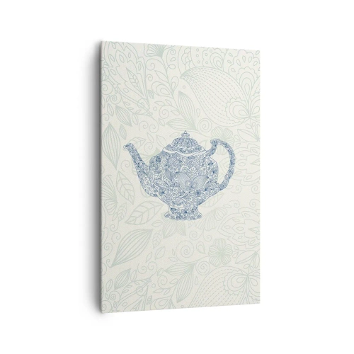 Obraz na płótnie - Dekoracyjny rysunek imbryka z ornamentami w niebieskim kolorze - 80x120cm - Herbaty czar - Nowoczesna dekoracja ścienna do salonu i sypialni ARTTOR