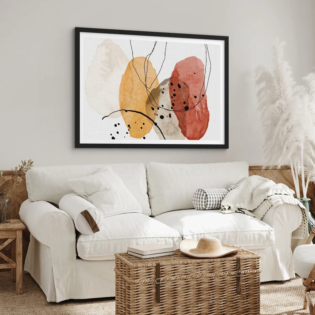 Plakat w czarnej ramie - Abstrakcyjne plamy w odcieniach beżu, żółci i czerwieni - 70x50cm - Jak powietrze lekkie, przejrzyste - Nowoczesna dekoracja ścienna do salonu i sypialni ARTTOR