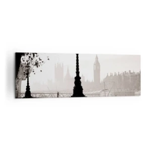 Obraz na płótnie - Monochromatyczny widok na Big Ben i Tamizę - 160x50cm - Londyński poranek - Nowoczesna dekoracja ścienna do salonu i sypialni ARTTOR