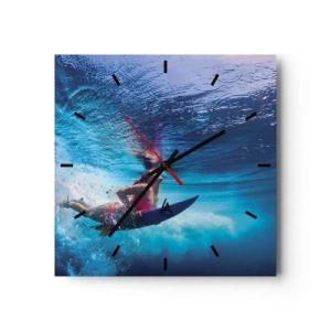 Zegar ścienny - Surferka pod wodą w dynamicznej kompozycji w odcieniach błękitu - 30x30cm - Głębia radości - Nowoczesna dekoracja ścienna do salonu i sypialni ARTTOR