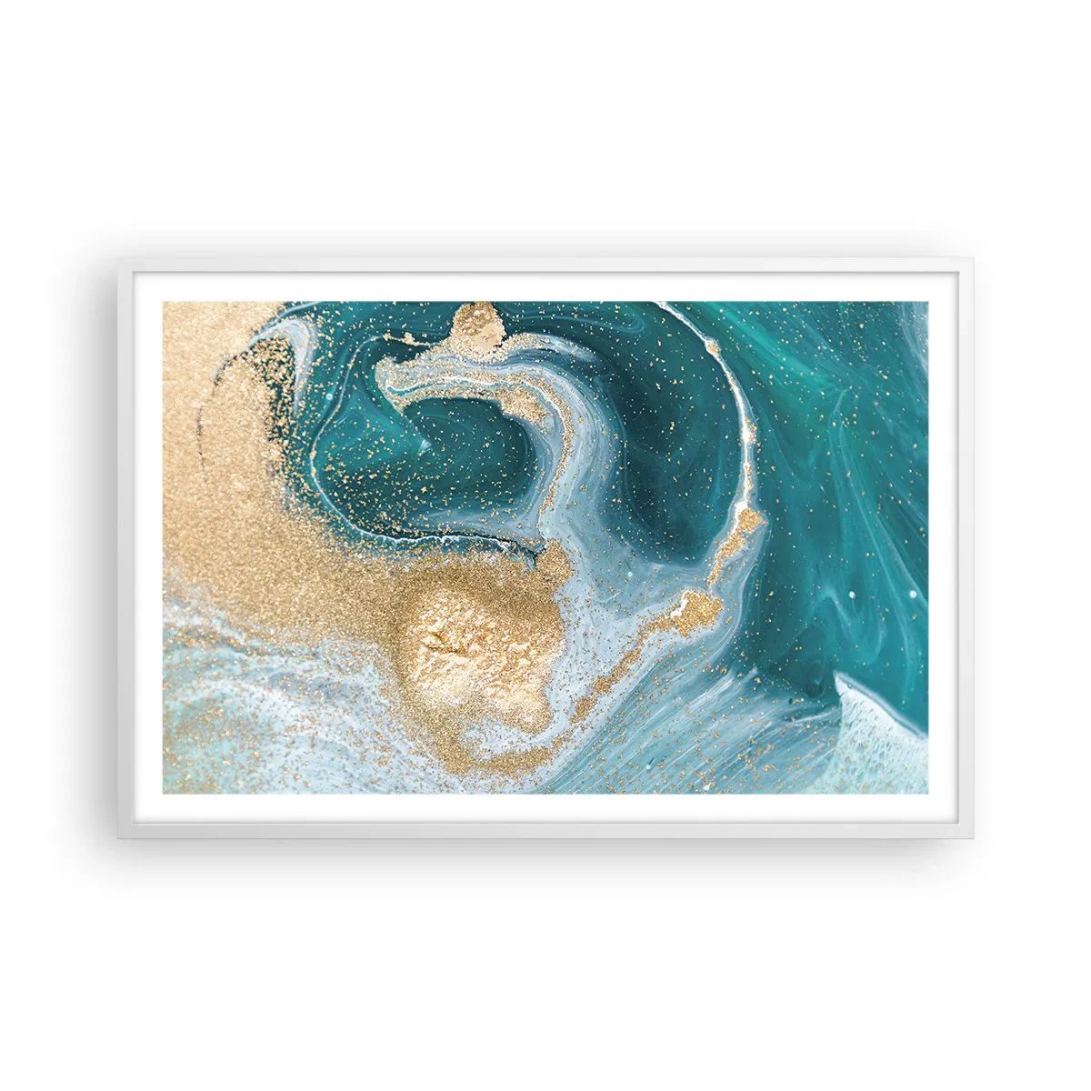 Plakat w białej ramie - Wir złota i turkusu - 91x61 cm