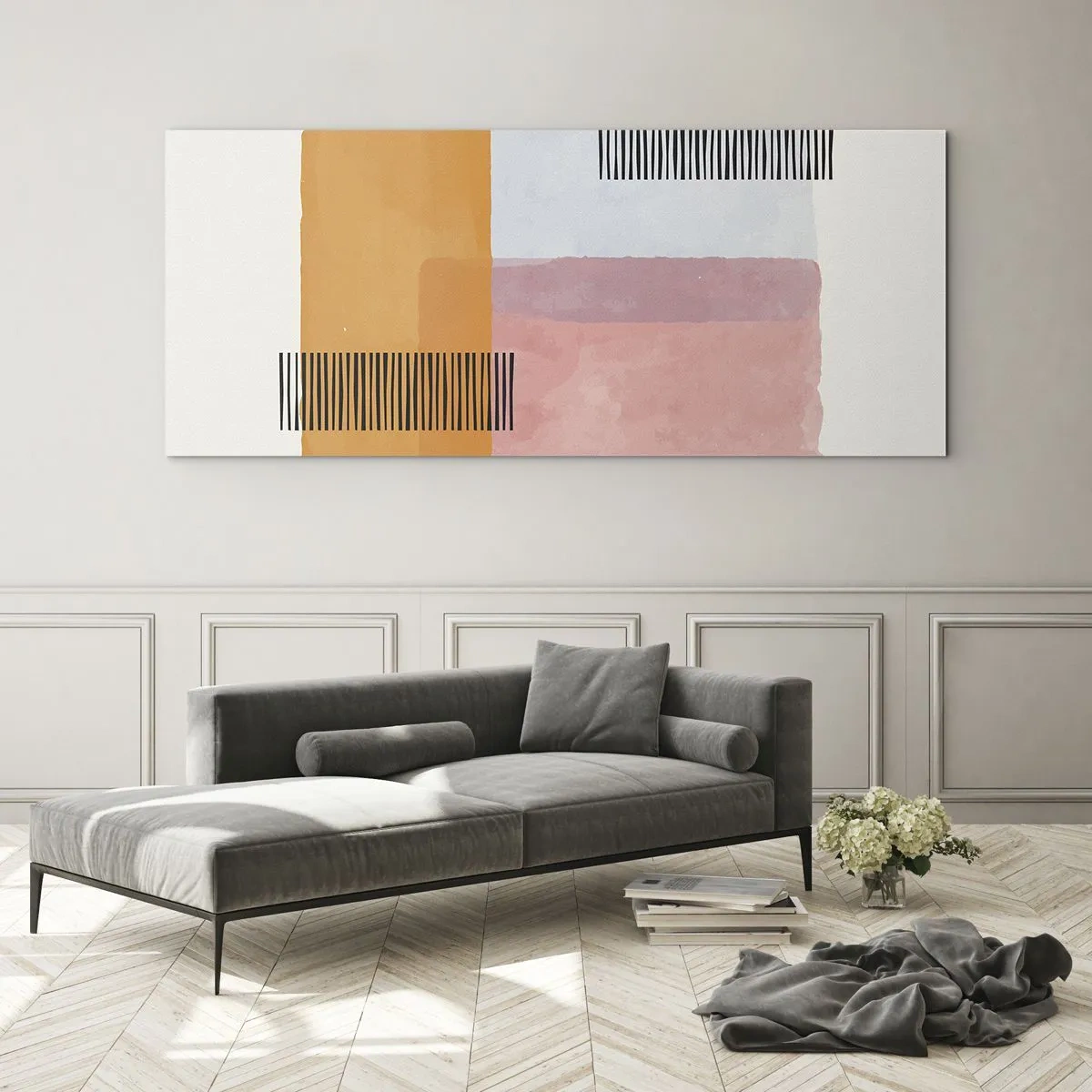 Obraz na szkle - Geometria w pastelowych kolorach z liniami na jasnym tle - 120x50cm - Z kąta w kąt - Nowoczesna dekoracja ścienna do salonu i sypialni ARTTOR