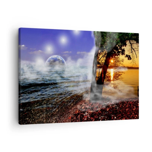 Obraz na płótnie - Fantastyczny krajobraz z morzem, drzewem i zachodem słońca. - 70x50cm - Pejzaż surrealistyczny - jedność natury - Nowoczesna dekoracja ścienna do salonu i sypialni ARTTOR
