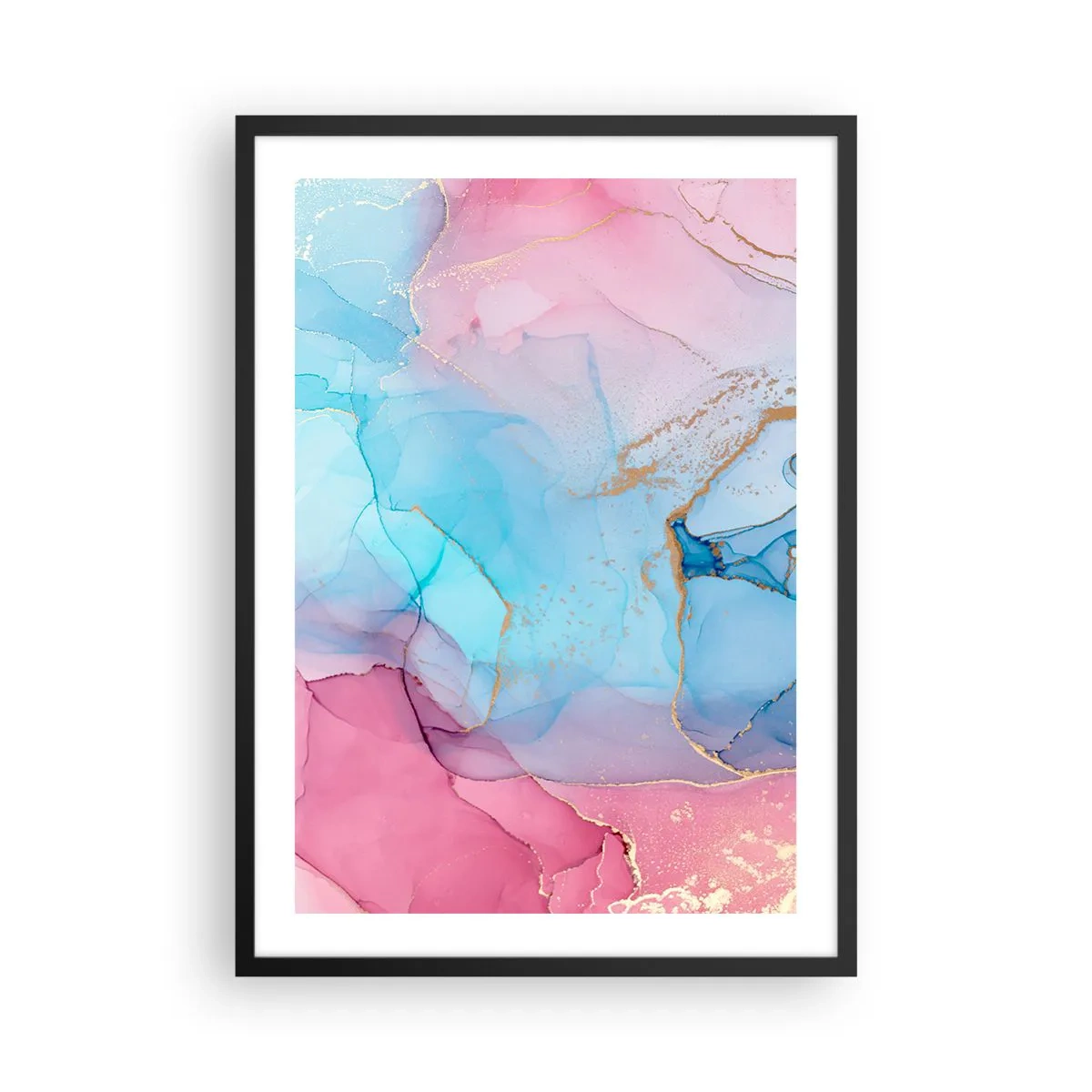 Plakat w czarnej ramie - Abstrakcyjne plamy w odcieniach różu, błękitu i złota - 50x70cm - Spotkanie i przenikanie - Nowoczesna dekoracja ścienna do salonu i sypialni ARTTOR