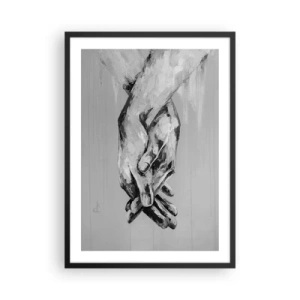 Plakat w czarnej ramie - Monochromatyczny obraz splecionych dłoni na szarym tle - 50x70cm - Początek… - Nowoczesna dekoracja ścienna do salonu i sypialni ARTTOR