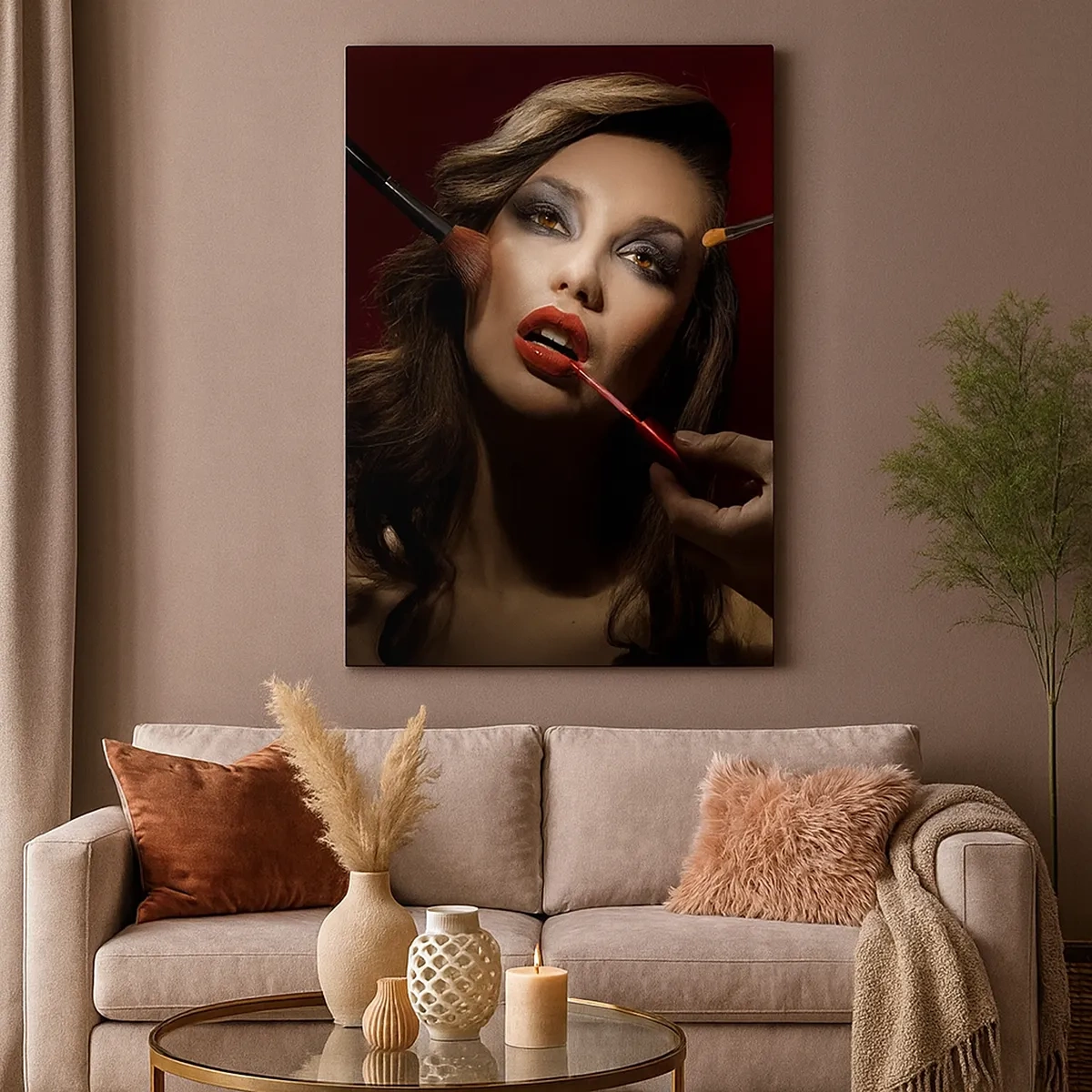 Obraz na płótnie - Artystyczna fotografia kobiety w trakcie makijażu - 50x70cm - Piękna rozmarzona - Nowoczesna dekoracja ścienna do salonu, kuchni i sypialni ARTTOR