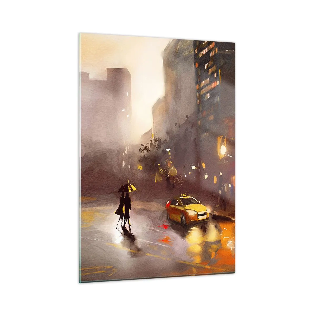 Obraz na szkle - Miasto nocą w deszczu z taksówkami i sylwetką pary - 50x70cm - W światłach Nowego Jorku - Nowoczesna dekoracja ścienna do salonu, kuchni i sypialni ARTTOR