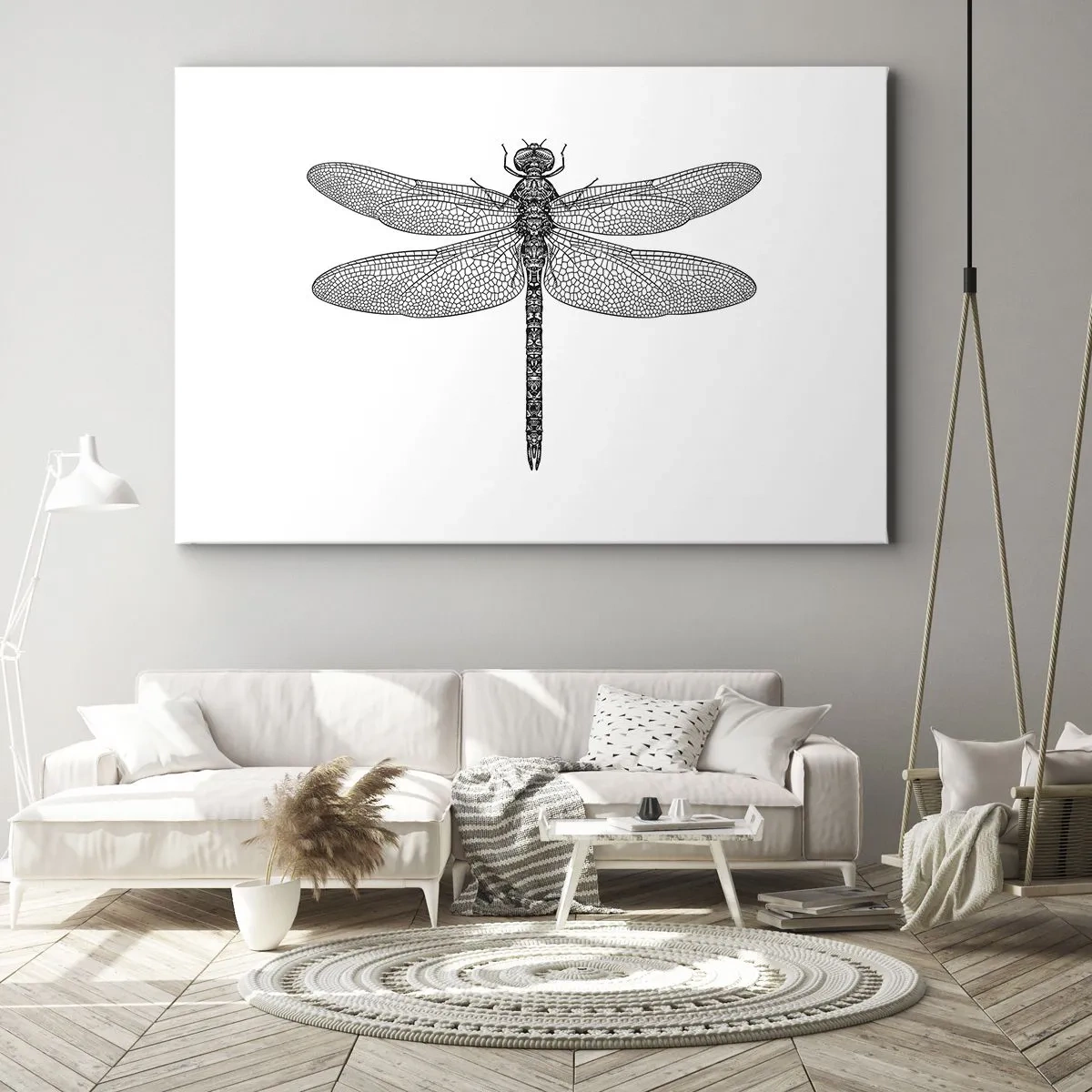 Obraz na płótnie - Czarno-biały rysunek ważki na białym tle w minimalistycznym stylu - 70x50cm - Precyzja natury - Nowoczesna dekoracja ścienna do salonu i sypialni ARTTOR