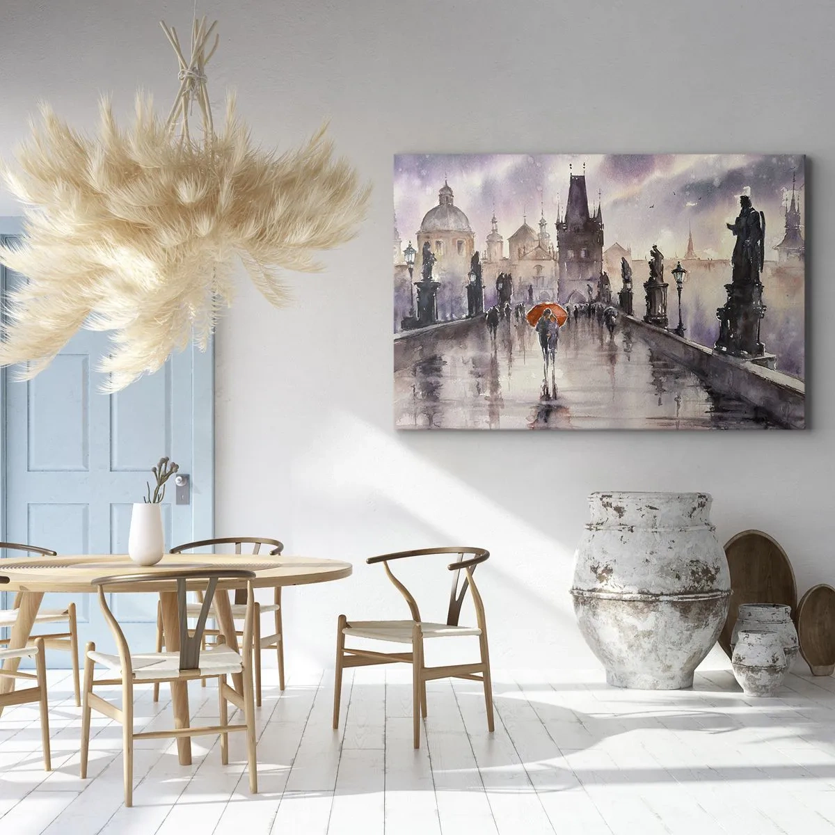 Obraz na płótnie - Romantyczny widok mostu z parasolem na tle wieczornego miasta - 70x50cm - Ludzie się nie zmieniają - Nowoczesna dekoracja ścienna do salonu i sypialni ARTTOR