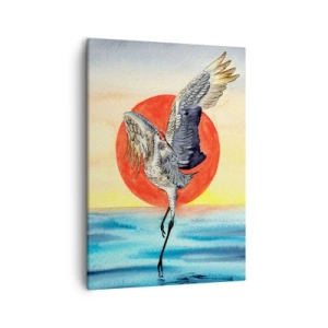 Obraz na płótnie - Akwarelowy żuraw na tle czerwonego słońca i błękitnej wody - 50x70cm - Czas wracać - Nowoczesna dekoracja ścienna do salonu, kuchni i sypialni ARTTOR