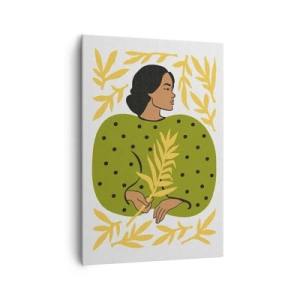 Obraz na płótnie - Kobieta w zielonej sukni z liściastym motywem na jasnym tle - 70x100cm - Hawajska dziewczyna - Nowoczesna dekoracja ścienna do salonu i sypialni ARTTOR