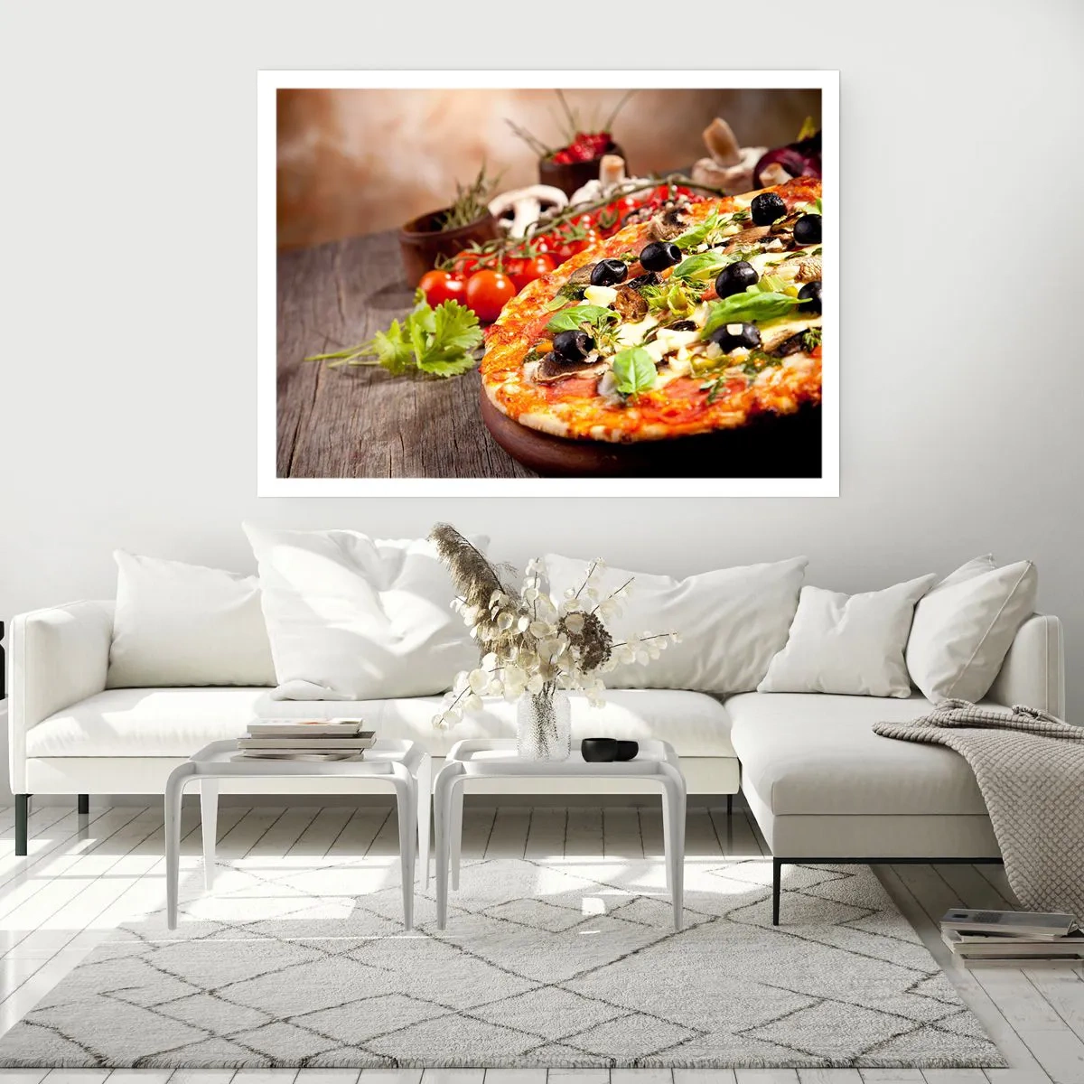 Plakat - Pizza z oliwkami, bazylią i świeżymi składnikami na drewnianym tle - 100x70cm - Z tellurycznych ingrediencji - Nowoczesna dekoracja ścienna do salonu i sypialni ARTTOR