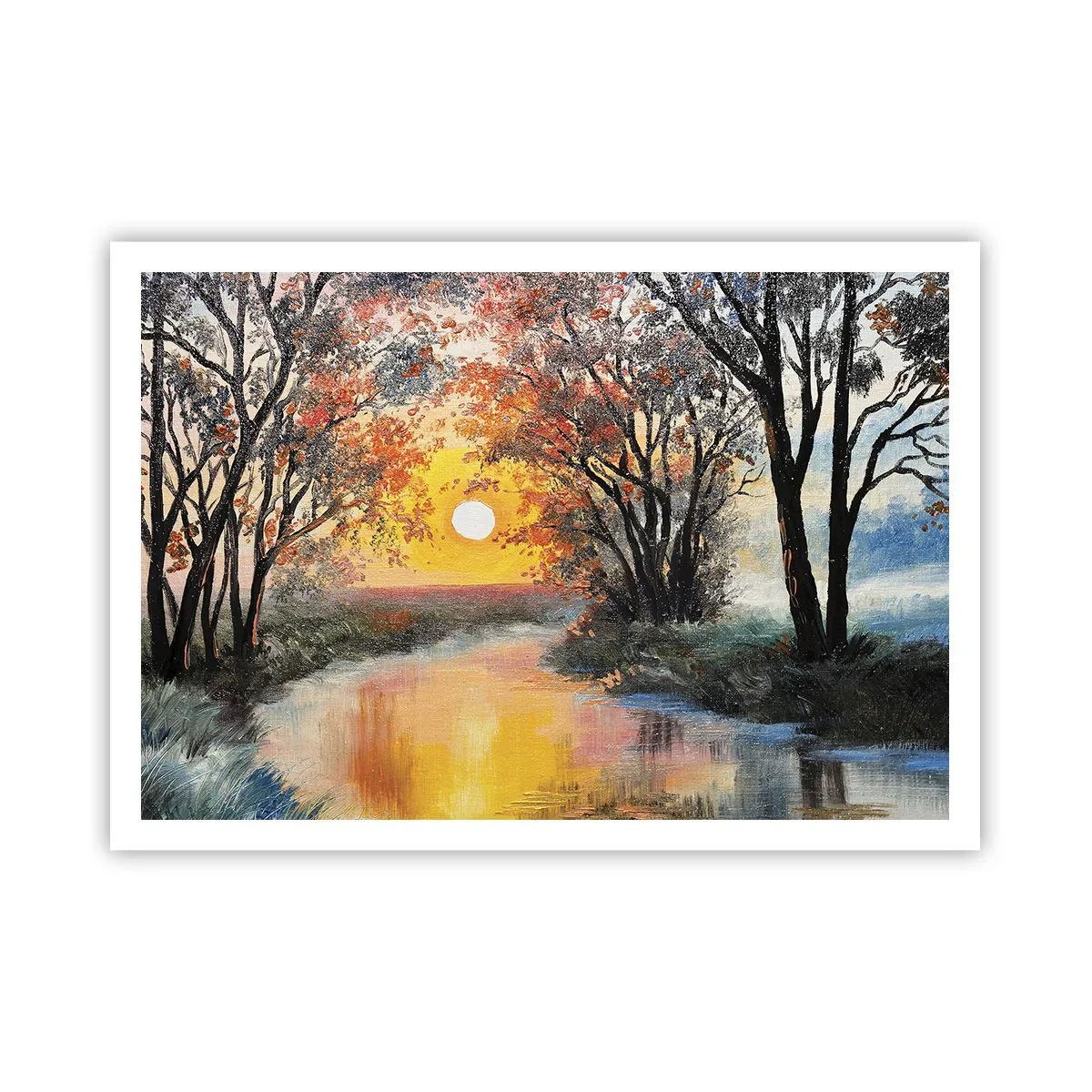 Plakat - Zachód słońca nad rzeką w jesiennym krajobrazie - 100x70cm - Jesienne klimaty - Nowoczesna dekoracja ścienna do salonu i sypialni ARTTOR