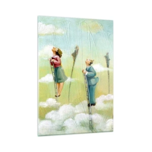 Obraz na szkle - Postacie wspinające się po drabinach wśród chmur - 50x70cm - Za swoim marzeniem - Nowoczesna dekoracja ścienna do salonu, kuchni i sypialni ARTTOR