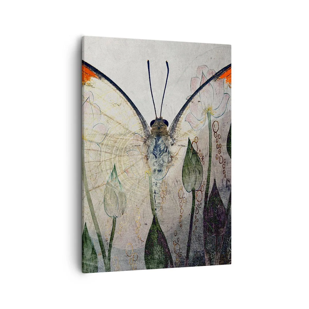 Obraz na płótnie - Motyl o delikatnych skrzydłach otoczony roślinnością - 50x70cm - "Kędy się motyl kołysa na trawie" - Nowoczesna dekoracja ścienna do salonu, kuchni i sypialni ARTTOR