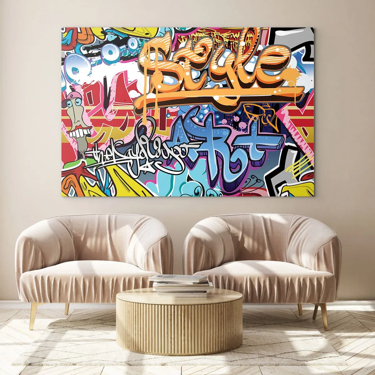 Obraz na szkle - Kolorowe graffiti z dynamicznymi napisami i rysunkami - 70x50cm - Murale, murale, murale… - Nowoczesna dekoracja ścienna do salonu i sypialni ARTTOR