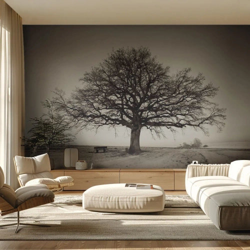 Fototapeta Premium Sand - Samotne drzewo w sepiańskim krajobrazie zimowym - 100x70cm - Stąd do wieczności - Nowoczesna dekoracja ścienna do salonu, kuchni i sypialni ARTTOR