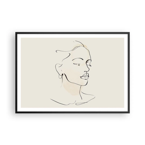 Plakat w czarnej ramie - Delikatny szkic kobiecej twarzy na jasnym tle - 100x70cm - Pewną kreską - Nowoczesna dekoracja ścienna do salonu i sypialni ARTTOR