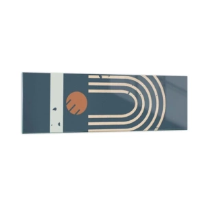 Obraz na szkle - Geometryczny wzór w odcieniach granatu, beżu i pomarańczu na ciemnym tle - 160x50cm - Geometria na granacie - Nowoczesna dekoracja ścienna do salonu i sypialni ARTTOR