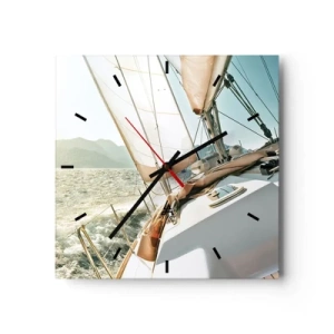 Zegar ścienny - Jacht na otwartym morzu z widokiem na góry - 30x30cm - Pod pełnymi żaglami - Nowoczesna dekoracja ścienna do salonu i sypialni ARTTOR
