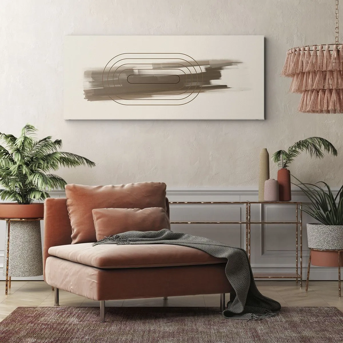 Obraz na płótnie - Minimalistyczna kompozycja w odcieniach beżu i szarości z geometrycznym wzorem - 120x50cm - Powiew szarości - Nowoczesna dekoracja ścienna do salonu i sypialni ARTTOR