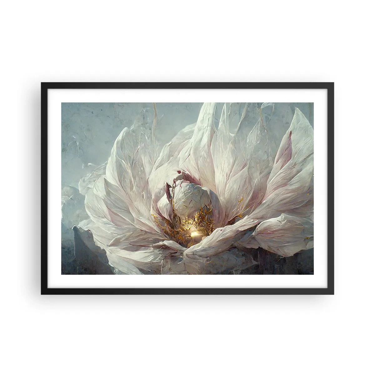 Plakat w czarnej ramie - Delikatny biały kwiat z subtelnymi złotymi akcentami - 70x50cm - Rozkwita raz na sto lat - Nowoczesna dekoracja ścienna do salonu i sypialni ARTTOR