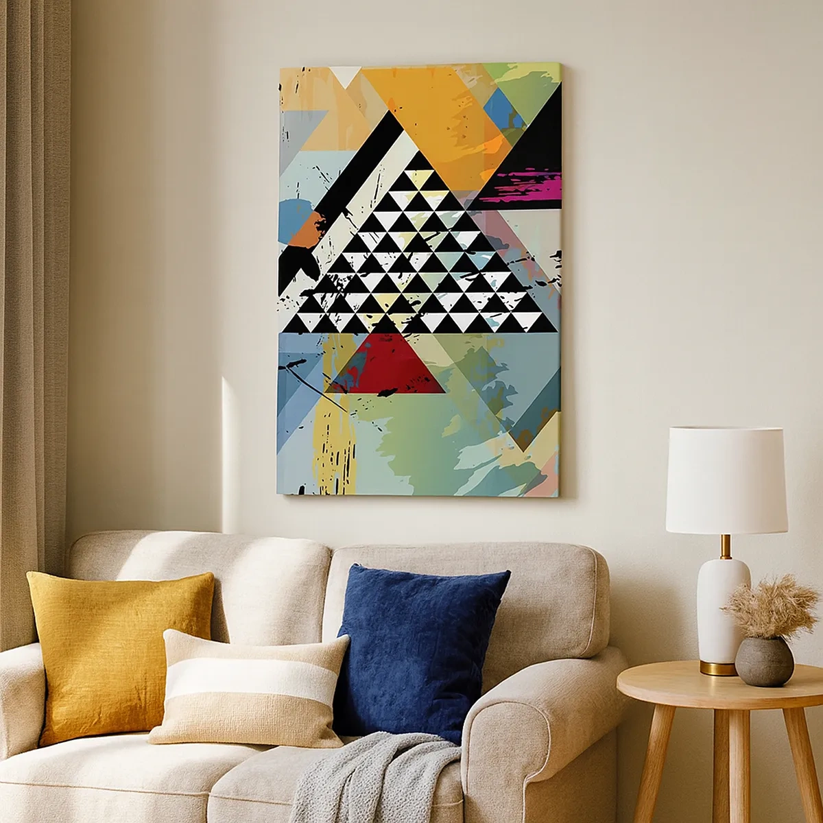 Obraz na płótnie - Kolorowy wzór geometryczny z trójkątami na jasnym tle - 50x70cm - Jakie to proste - Nowoczesna dekoracja ścienna do salonu, kuchni i sypialni ARTTOR