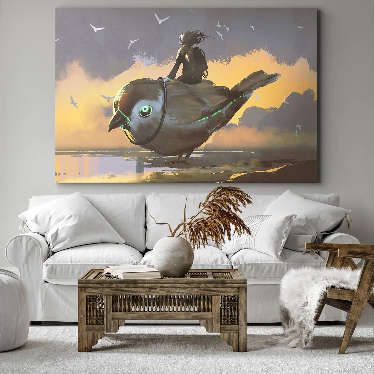 Obraz na płótnie - Jeździec na gigantycznym ptaku w surrealistycznym krajobrazie - 70x50cm - Przystanek w fantastycznej podróźy - Nowoczesna dekoracja ścienna do salonu i sypialni ARTTOR