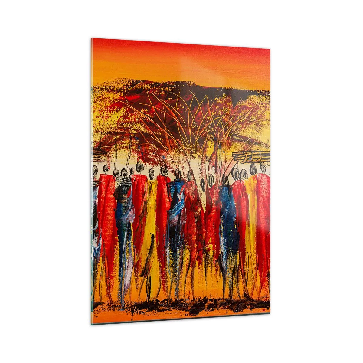 Obraz na szkle - Barwna scena z ludźmi w tradycyjnych afrykańskich strojach - 50x70cm - Tam, tam, tam tam idą - Nowoczesna dekoracja ścienna do salonu, kuchni i sypialni ARTTOR