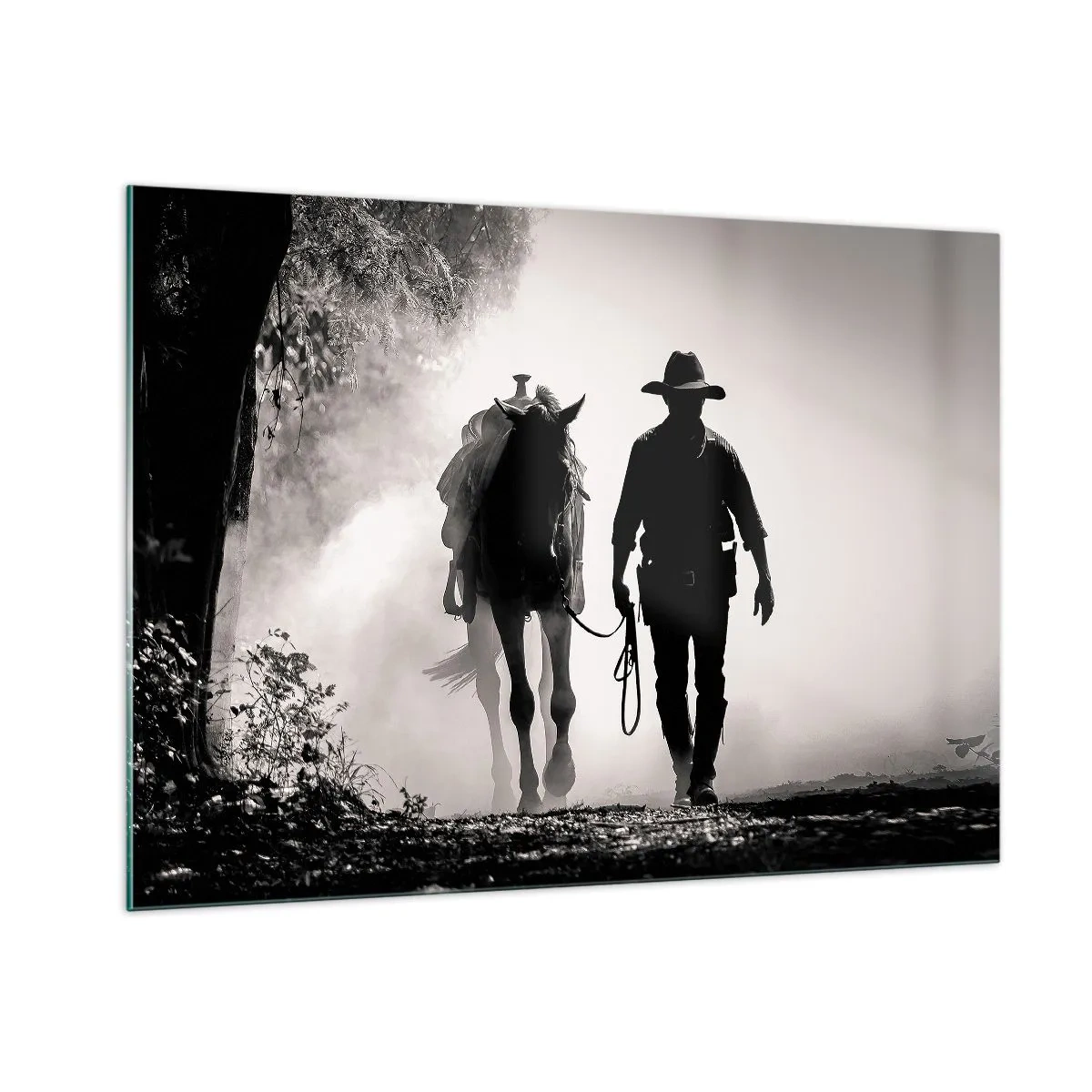 Obraz na szkle - Silhouette of a cowboy leading a horse through a misty landscape - 100x70cm - Teksański poranek - Nowoczesna dekoracja ścienna do salonu, kuchni i sypialni ARTTOR