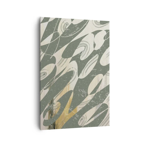 Obraz na płótnie - Dynamiczne kształty w zielonych i złotych odcieniach - 70x100cm - Abstrakcja zrytmizowana - Nowoczesna dekoracja ścienna do salonu i sypialni ARTTOR