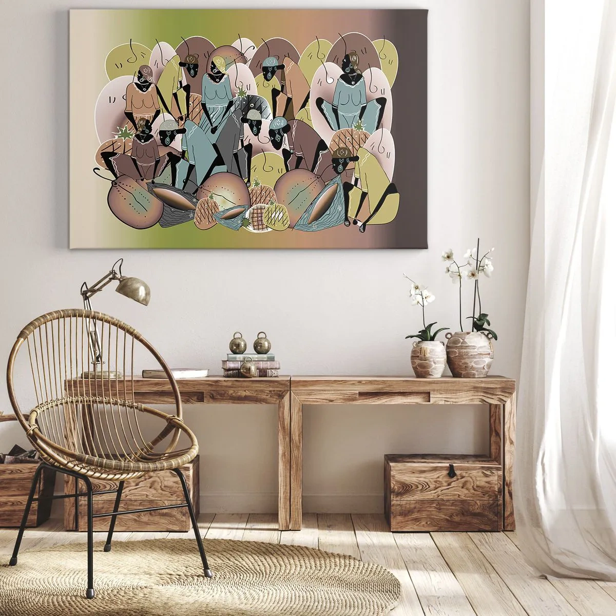 Obraz na płótnie - Kolorowa kompozycja abstrakcyjna inspirowana kulturą afrykańską - 70x50cm - Nadchodzi wielkie święto - Nowoczesna dekoracja ścienna do salonu i sypialni ARTTOR